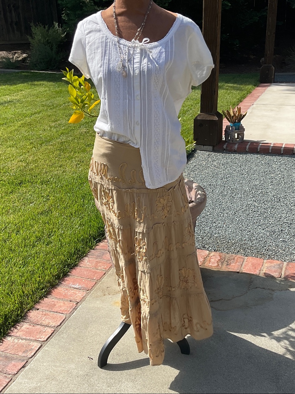 Embroidered Tiered Maxi Skirt in Tan